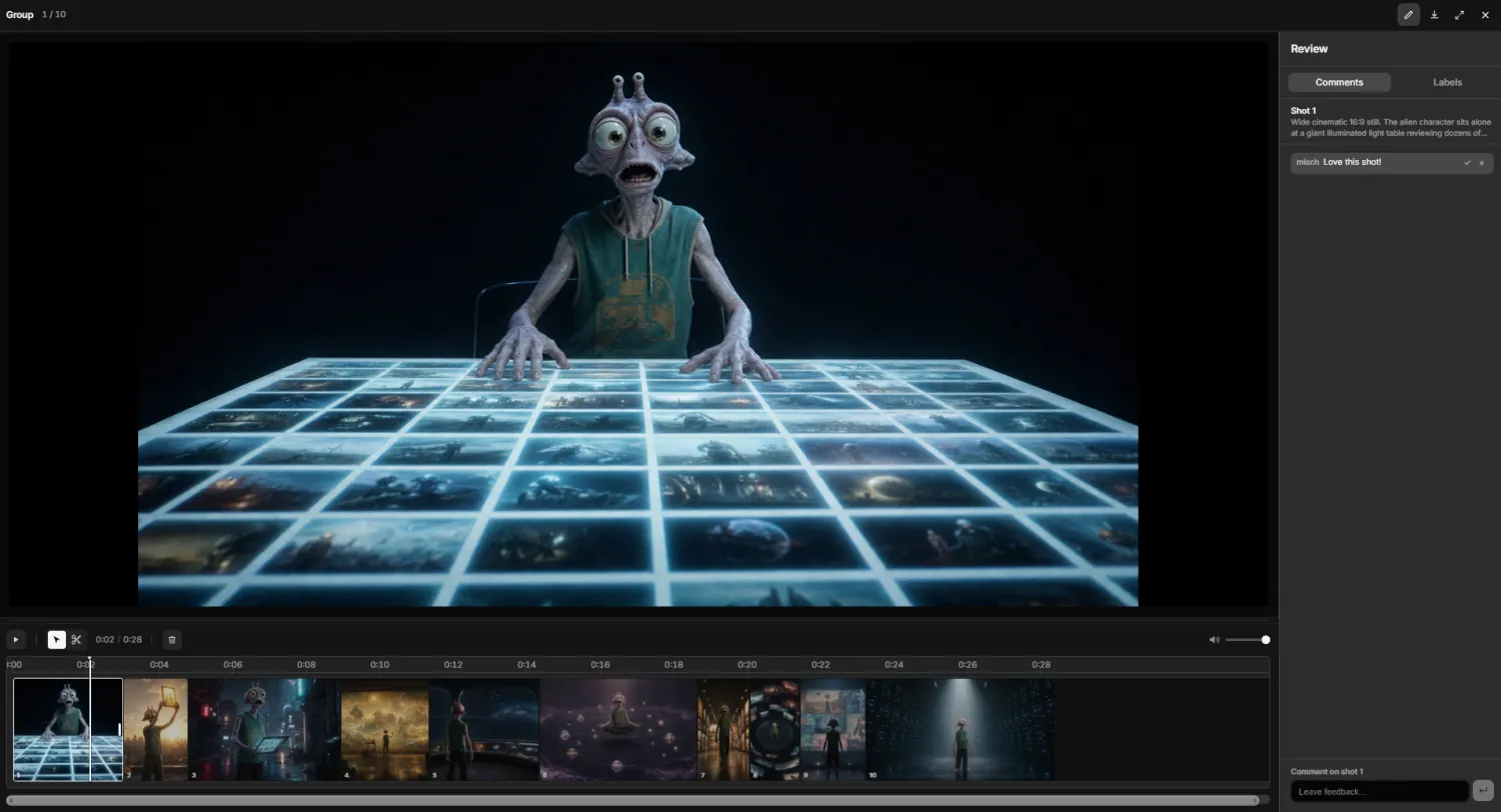 Canvas Present mode with a video timeline, shot strip, and per-shot review comments