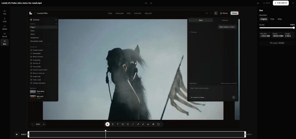 The Adjust editor open on a video, with Trim, Crop, Speed, Sound and Size in the left rail and the timeline underneath