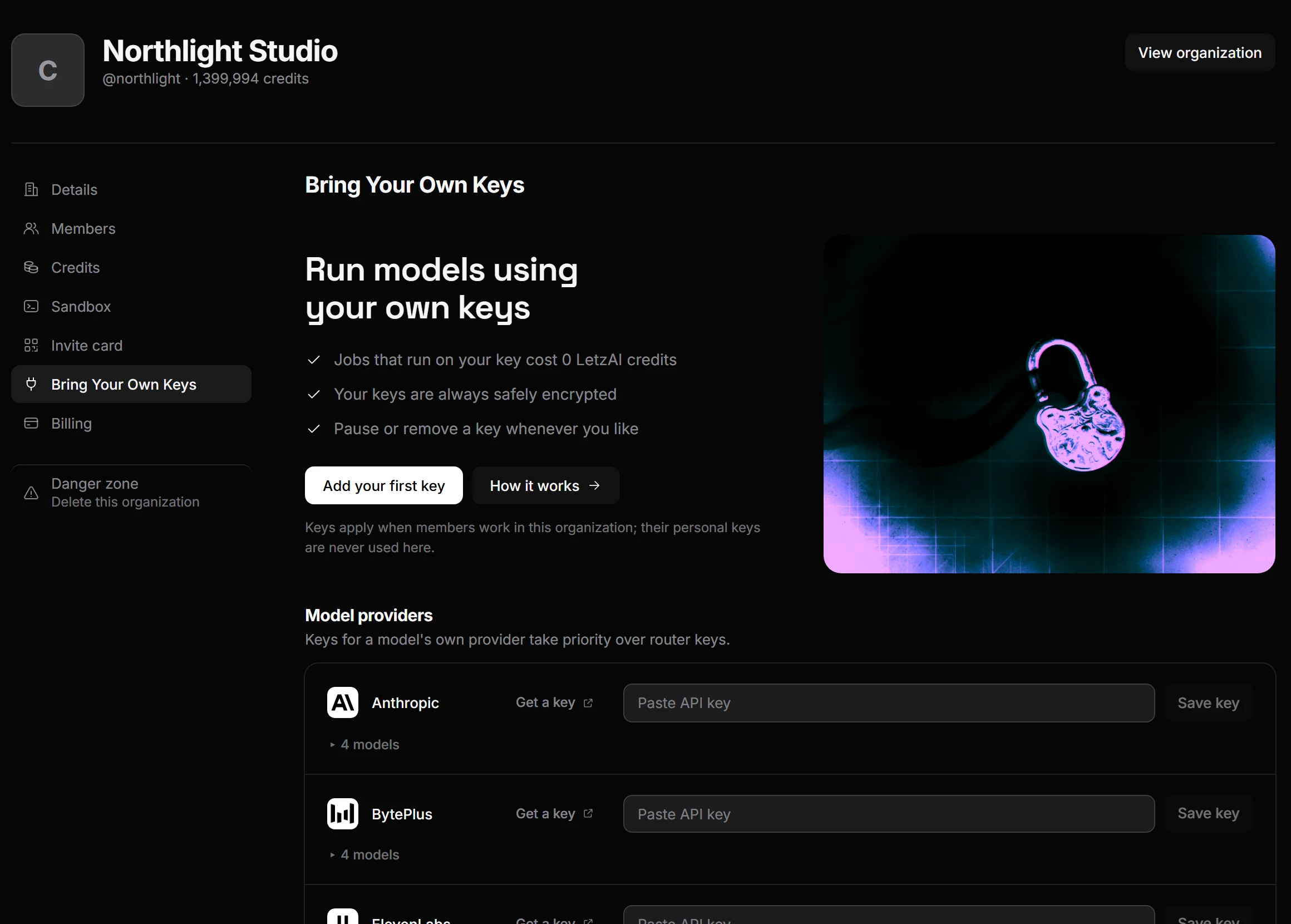 Bring Your Own Keys tab in LetzAI organization settings