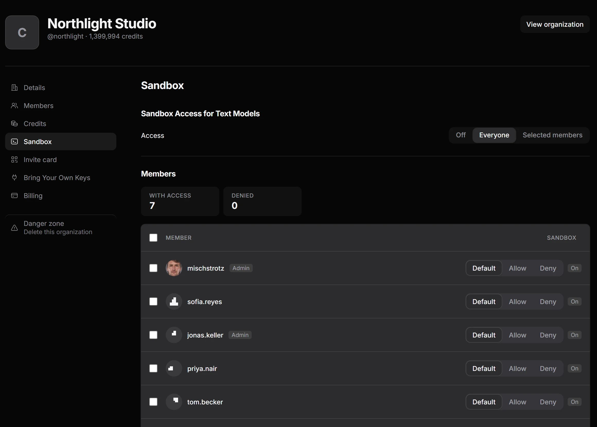Sandbox tab in LetzAI organization settings